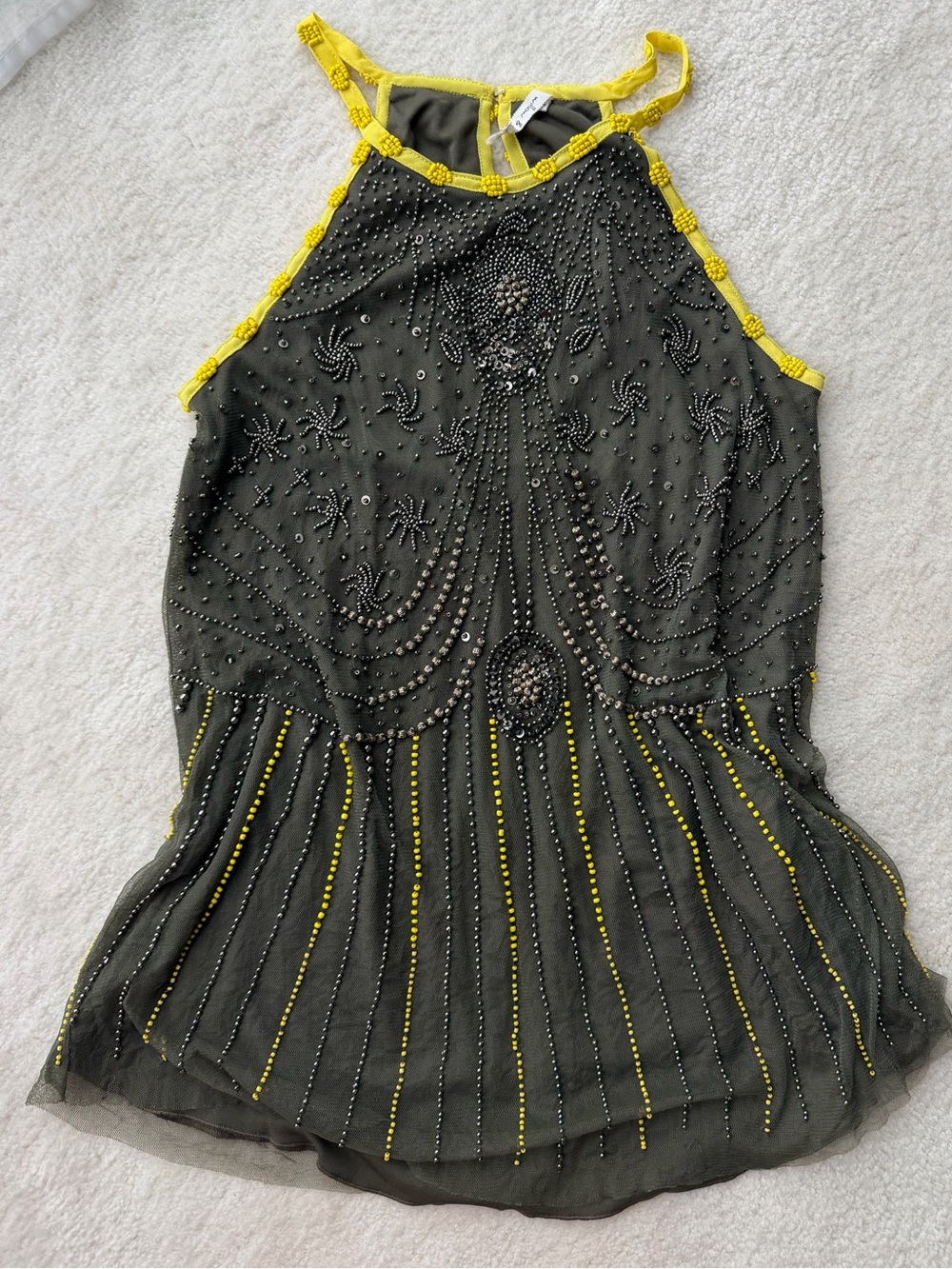 Willow & Clay Embroidered Beaded Khaki Olive Halter Tank with Yellow Trim